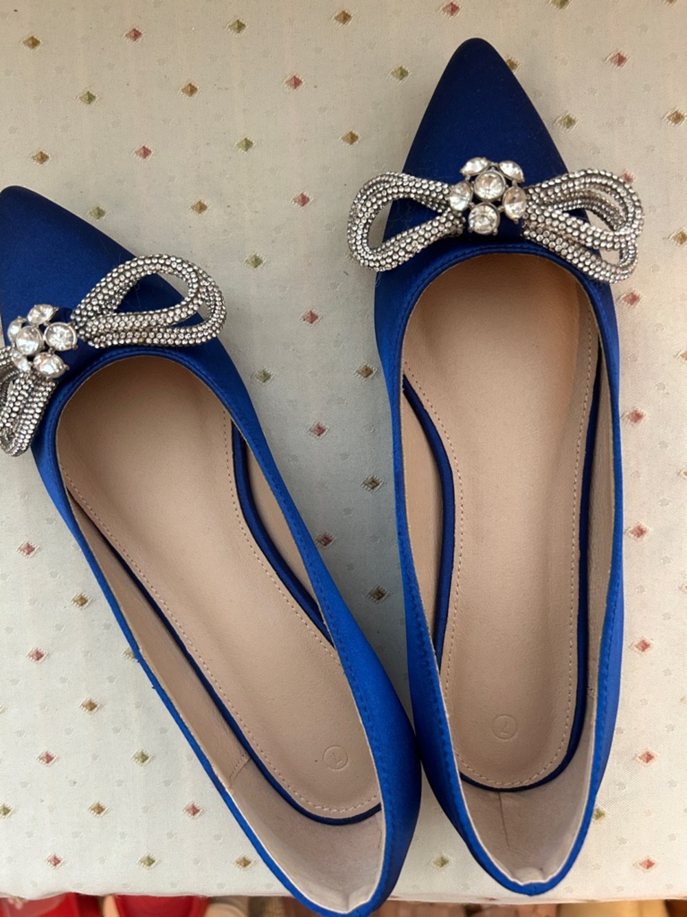 Elegant Blue Pointed Toe Flats with Crystal Bow Accent